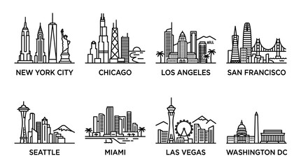Fototapeta premium Black Famous USA City Skylines Line Art Vector Illustration Icon Set with New York City Chicago Los Angeles San Francisco Seattle Miami Las Vegas and Washington DC