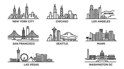 Naklejka premium Minimal American Skyline Icon Collection Featuring New York, Chicago, Los Angeles, San Francisco, Seattle, Miami, Las Vegas and Washington DC Vector Set