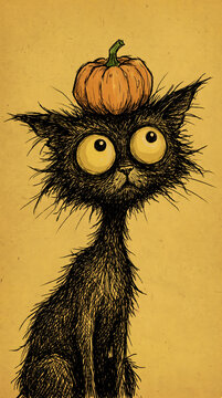 Quirky ink sketch of a funny black cat with large yellow eyes balancing a small orange pumpkin on its head.