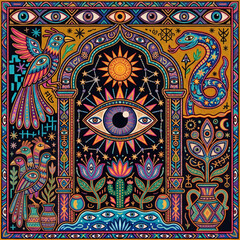 Obraz premium Surreal mystical illustration with intricate sacred geometry, spiritual entities and vibrant cosmic symbols, esoteric psychedelic art