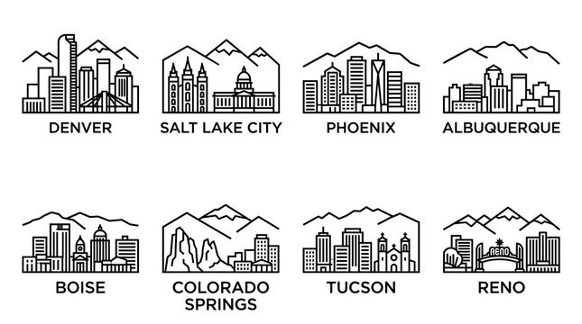 Minimal Mountain West USA City Skyline Line Art Icon Set Featuring Denver, Salt Lake City, Phoenix, Albuquerque, Boise, Colorado Springs, Tucson and Reno Vector Illustration