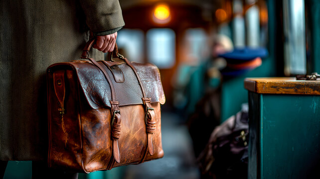 Elegant departure: Man holds vintage leather briefcase at train