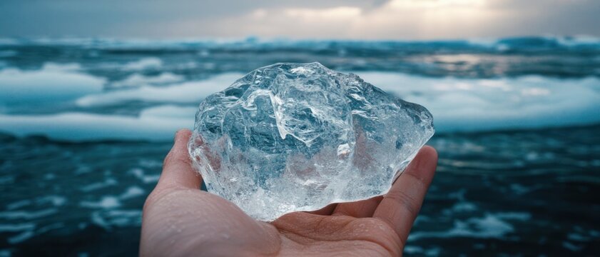 Hand holding a clear chunk of ice over a cold ocean with waves, cloudy sky and distant horizon, evoking wonder and serene isolation