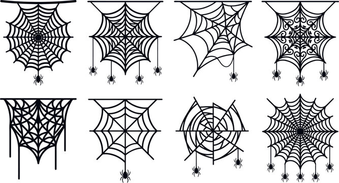 Spider Web Hanging Cobweb Vector Bundle With Creepy Spider Designs for Halloween Decorations, Cricut Crafts, Sublimation, Laser Cut, Printable Clipart