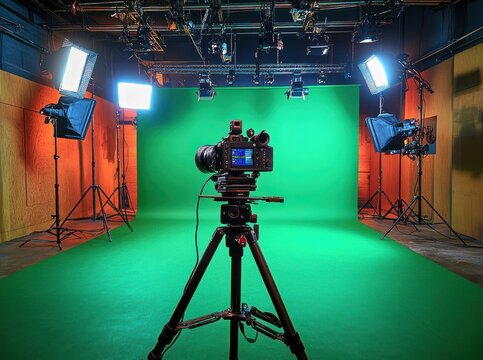professional camera on tripod facing a large green screen backdrop and floor in a brightly lit empty film studio with softbox lights and overhead rigging, mood of readiness