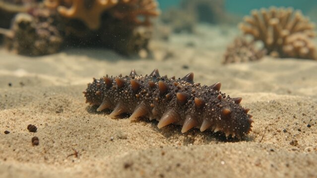 Sea Cucumber Crawling on Sandy Ocean Floor in Tropical Coral Reef Environment with Underwater Marine Life and Soft Natural Lighting for Marine Biology Concept