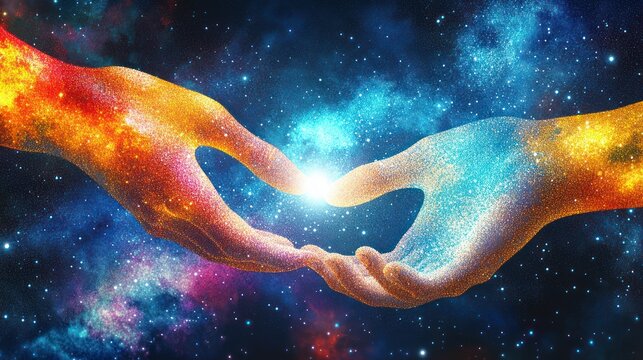 two cosmic hands of stardust, one warm orange and one cool blue, reaching and touching fingertips with a bright glowing spark between them, evoking wonder, unity and creation
