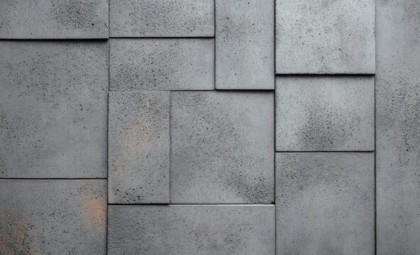 stacked rectangular concrete panels with rough pitted texture and subtle rust spots, minimalist industrial wall conveying cold, austere calm