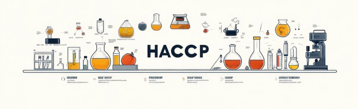 Shelf of laboratory glassware, flasks, beakers and bottles with coffee equipment and measuring tools around a central HACCP label, conveying a precise, orderly and scientific mood