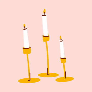 Elegant Candle Holder Collection with Burning Taper Candles in Candlesticks Isolated, Minimal Scandinavian Home Decor Illustration for Cozy Interior and Seasonal Celebration