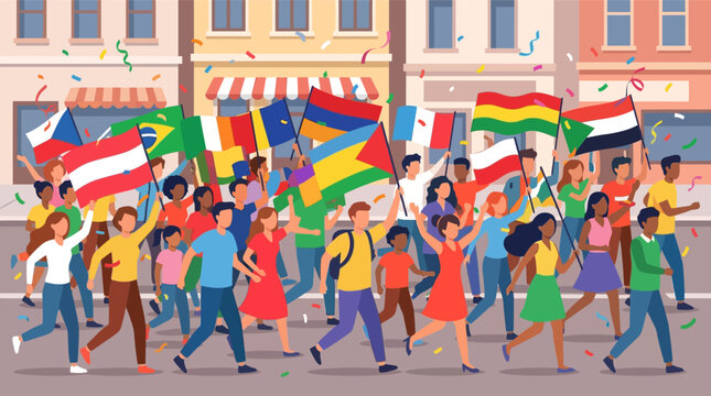 Vector illustration of a diverse crowd of global football fans marching on a city street, waving various national flags and celebrating with colorful falling confetti in an urban setting.