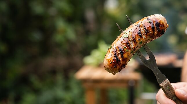 Grilled juicy sausage on a rustic meat fork in a summer garden