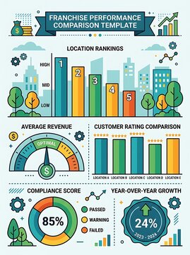 Franchise performance comparison template with colorful business charts