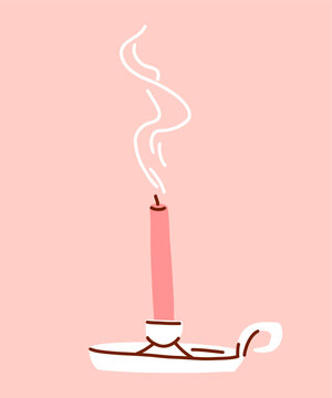Burning Candle with Rising Smoke, Minimal Hand Drawn Illustration of Cozy Home Lighting for Meditation, Relaxation, Autumn Decor and Hygge Lifestyle