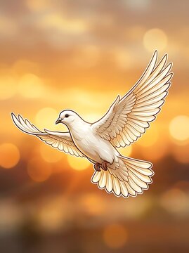 White dove flying with spread wings against a golden bokeh background
