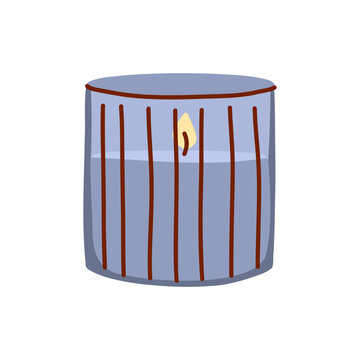 Blue Ribbed Glass Candle Holder with Burning Candle, Minimal Scandinavian Home Decor Illustration for Cozy Interior and Modern Living