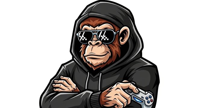 Cartoon monkey gamer wearing black hoodie and sunglasses.