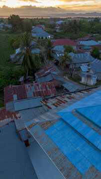 Aerial View of Tropical Village at Sunset