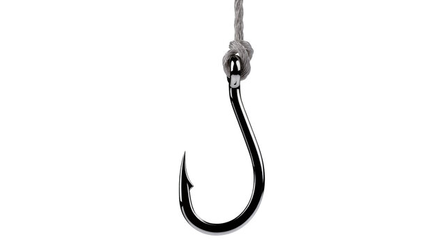 Isolated gleaming metallic fishing hook with braided fishing line knot for fishing sport