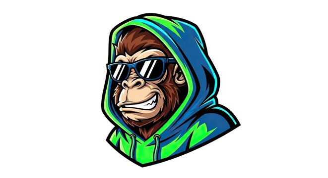 Cartoon monkey head wearing green hoodie and sunglasses.