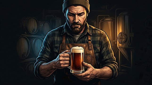 Professional male brewer examining a fresh glass of beer in brewery
