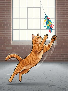 Orange tabby cat jumping to catch a colorful feather toy indoors