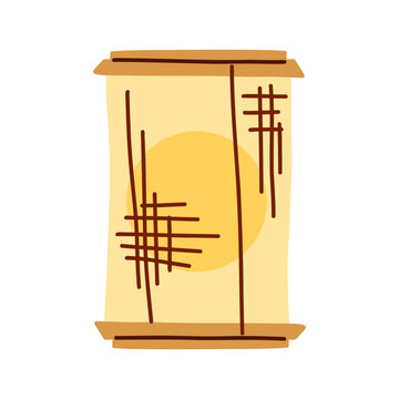 Minimal Paper Lantern with Warm Glow, Hand Drawn Asian Inspired Decorative Lamp Illustration for Cozy Home Interior, Autumn Evenings and Festive Decoration Japanese Lantern with Sun Motif 