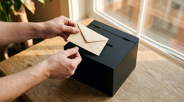 Hands putting a tan envelope into a black donation box on a table