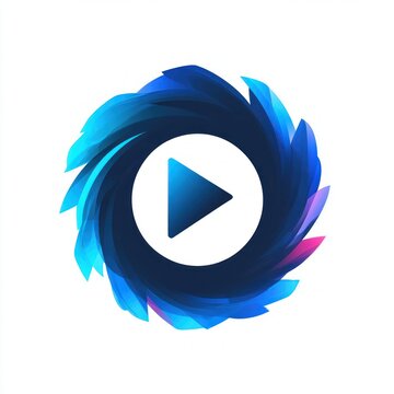 dynamic blue swirling feathered ring forming a circular play button with white center, energetic and modern
