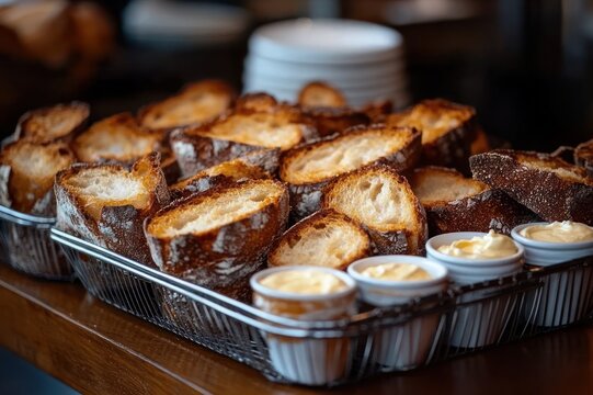 rows of golden crusty bread slices in metal baskets with small ramekins of butter on a wooden table, warm inviting cozy breakfast display