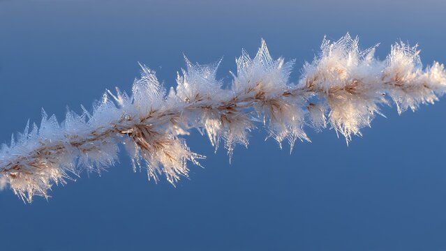 Delicate winter frost crystals naturally forming on plant stem against soft blue background