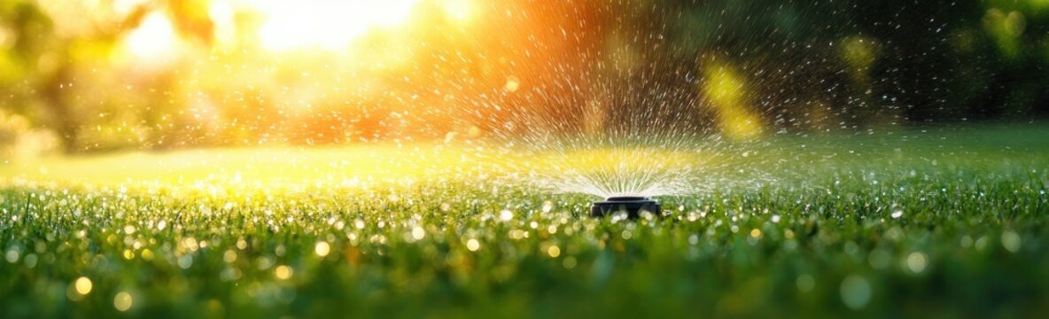 Close-up lawn sprinkler spraying water over sunlit dewy grass at golden hour, sparkling droplets and bokeh creating a peaceful, refreshing morning scene