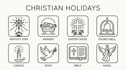 Obraz premium Christian Holidays Icon Set with Nativity Star, Manger, Easter Cross, Church Bell and Angel, Minimal Black Outline Vector Collection