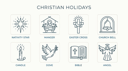 Obraz premium Christian Holidays Icon Set with Nativity Star, Manger, Easter Cross, Angel and Bible, Minimal Black Outline Vector Collection