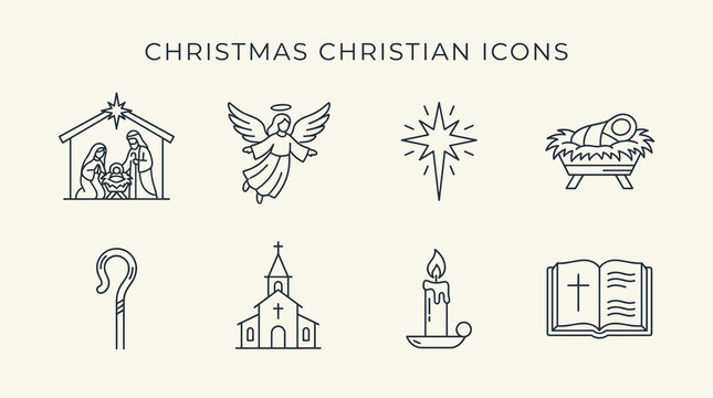 Christmas Christian Icon Set with Nativity, Angel, Bethlehem Star and Bible Symbols, Minimal Outline Vector Collection