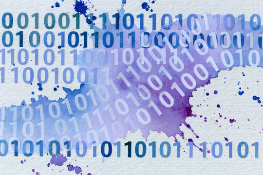 Abstract digital background featuring blue and purple watercolor splashes with binary code pattern overlay, suitable for technology and data-related themes