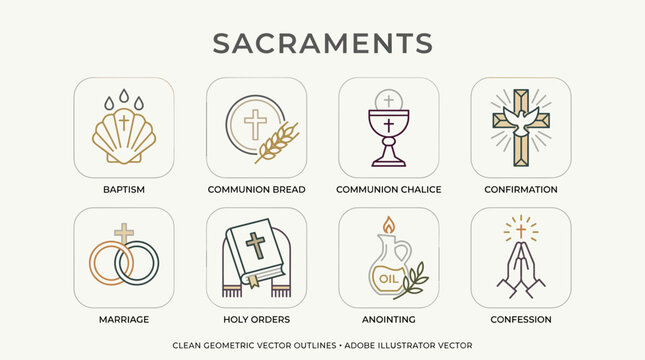 Christian sacraments and religious symbols vector set with outlined icons of baptism, communion bread, chalice, confirmation, marriage, holy orders, anointing and confession