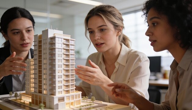 Three female architects reviewing a scale model of a modern residential building during a design meeting. Suitable for architecture, real estate development, urban planning, construction and collabora