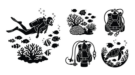 Scuba Divers Coral Reefs And Marine Life Silhouettes On White Background © Tamim