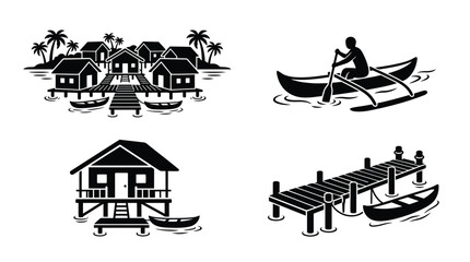 Fototapeta premium Tropical island scenes with huts boats and palm trees black silhouette style