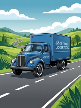 Blue logistics delivery truck driving on scenic country road