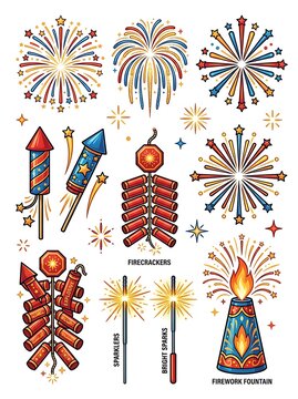 Colorful set of fireworks firecrackers and festive pyrotechnics