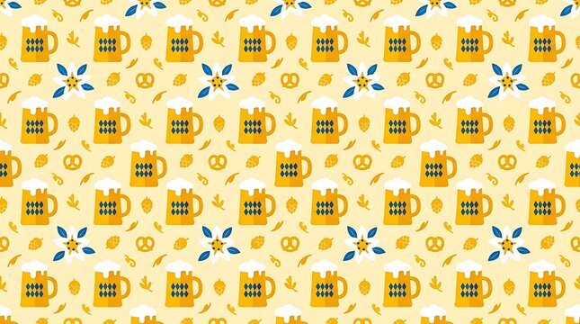 Seamless pattern featuring beer mugs pretzels and hops