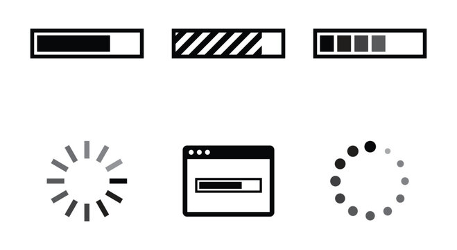 Loading bar icon set. Containing various progress and buffering indicator icons. Vector illustration.