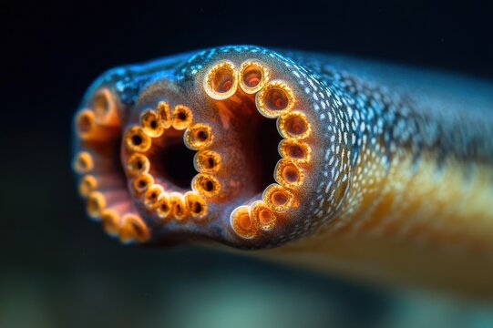 macro close-up of lamprey suction mouth with concentric orange teeth on textured eel-like body under blue underwater light, eerie and mesmerizing