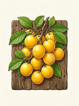 Fresh yellow mirabelle plums on a branch over a wooden board
