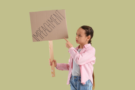 Protesting little girl holding placard with word IMPEACHMENT on green background