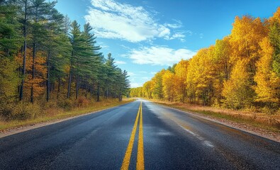 Fototapeta premium Empty wet two-lane country road with double yellow line flanked by green pines and golden autumn trees under a bright blue sky, peaceful and inviting