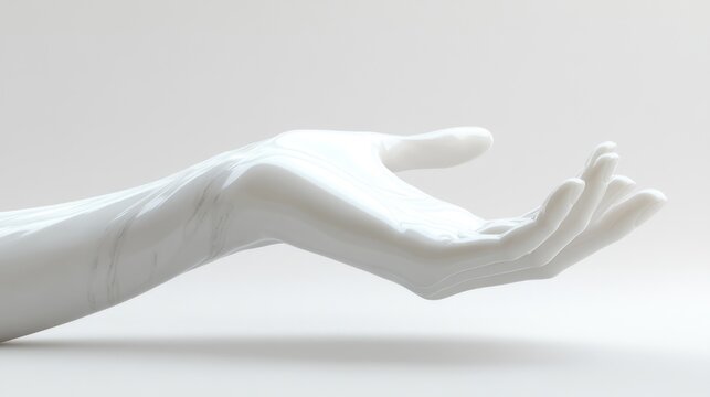 white marble hand sculpture with palm up and graceful fingers on a neutral background conveying calm, offering and serene invitation