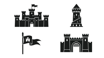 Castle Silhouettes With Flags And Gateways Black On White Background © Tamim